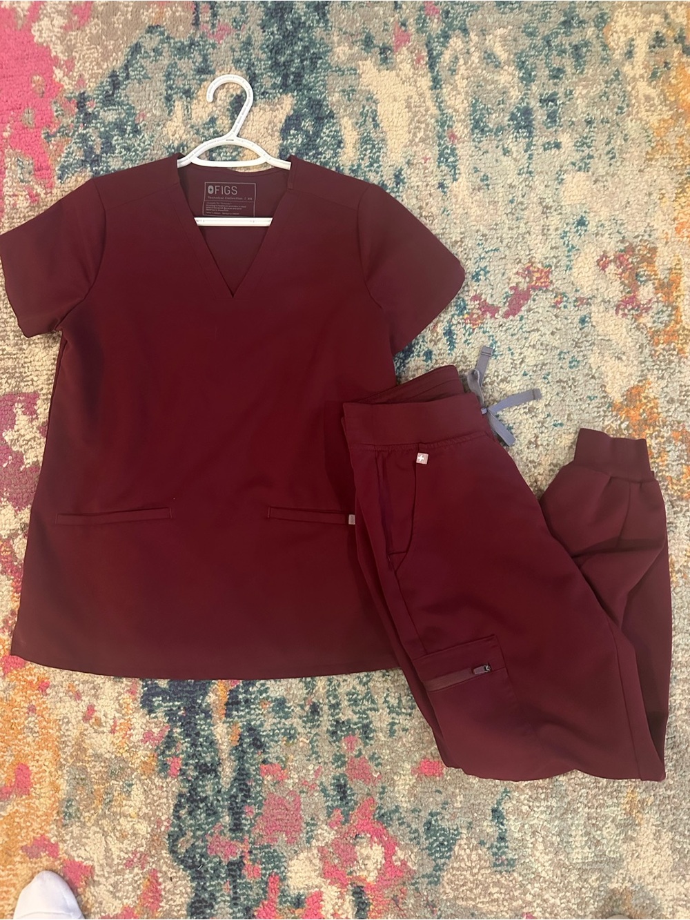 FIGS Women's Maroon Scrub Top and Joggers Set